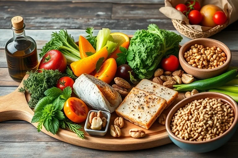 건강한 지중해식 식단 구성 - 올리브 오일, 생선, 신선한 채소, 견과류, 통곡물이 소박한 나무 테이블 위에 따뜻한 분위기로 차려진 모습